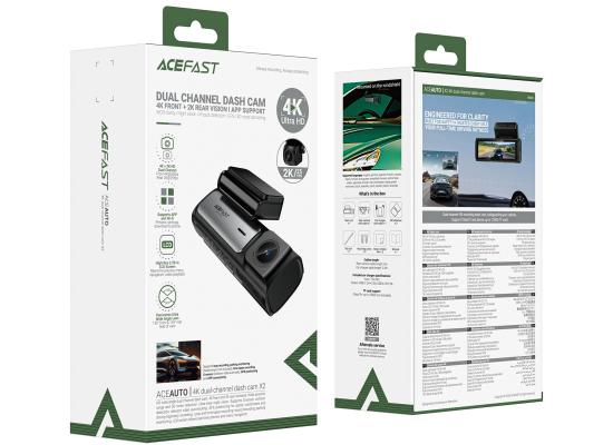 ACEFAST X2 4K Dual-Channel Dash Cam, 4K Front + 2K Rear Vision, App Support | WDR Clarity | Night Vision | Impact Detection | GPS | 3D Noise Cancelling - Black
